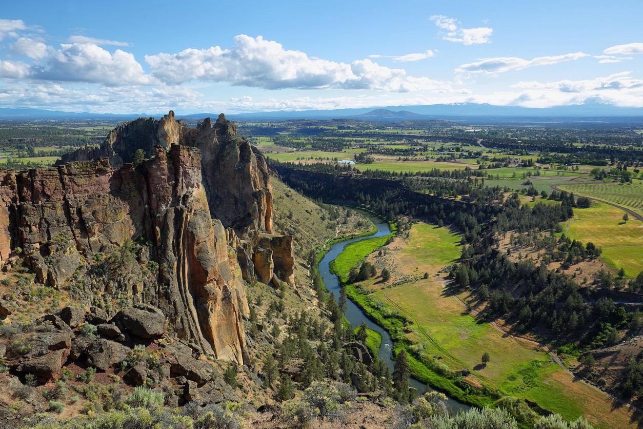 Aerial view of the Crooked River near Smith Rock in Bend, Oregon. 