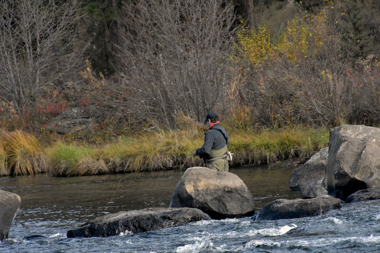 A man fly fishing on the Deschutes River in Bend, Oregon in fall. 