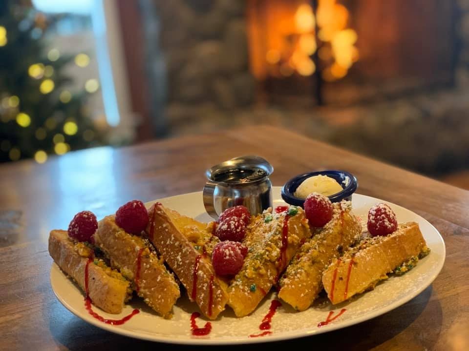 Close up view of french toast on a table at McKay Cottage in Bend, Oregon. 