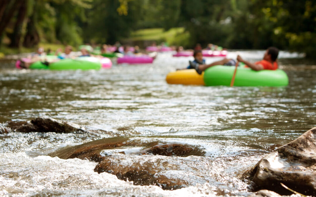 People in color inner tubes floating down a river.