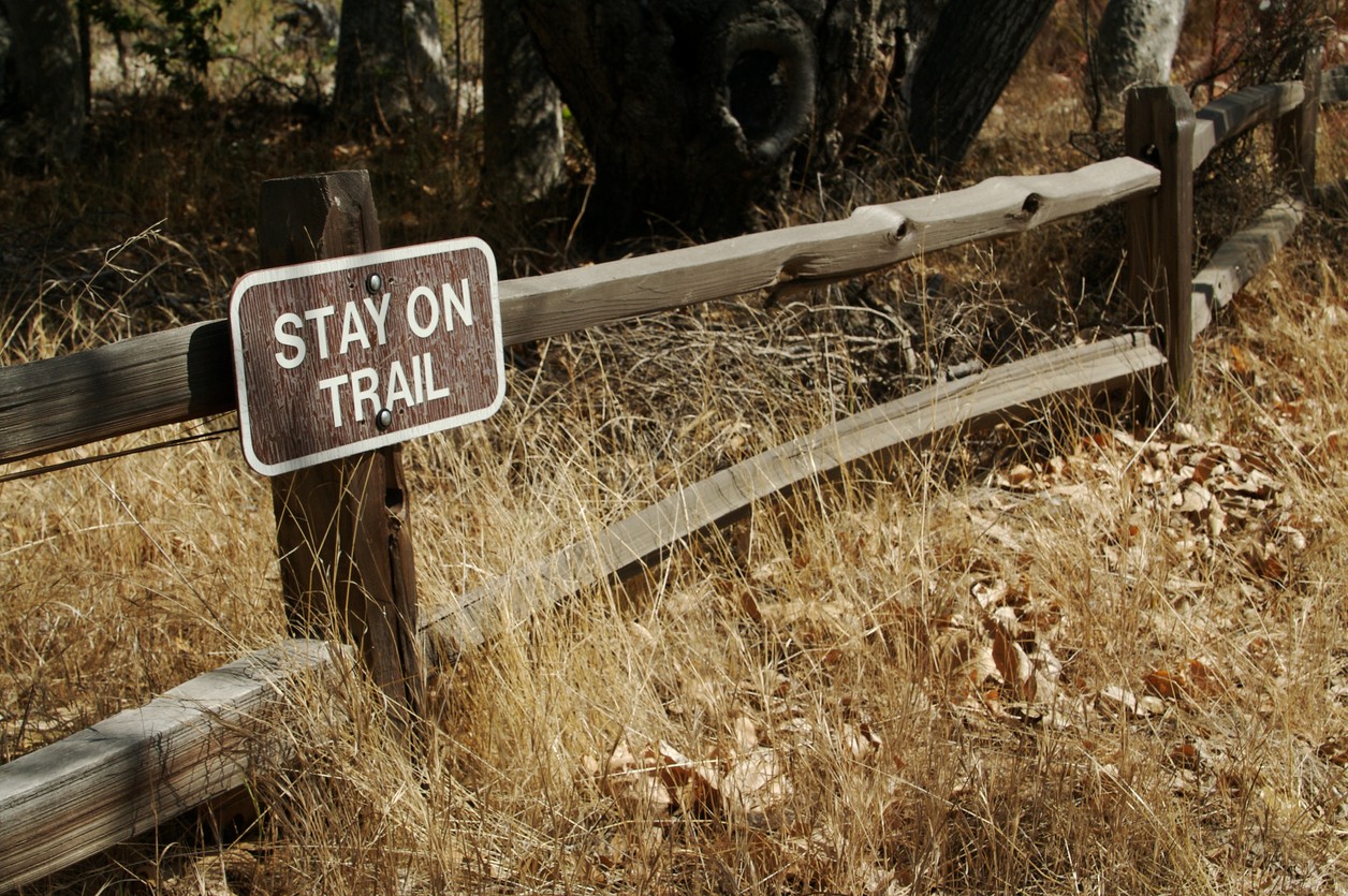 A stay on trail sign along a fence in the woods. 
