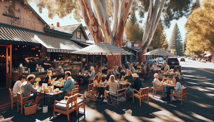 A graphic depiction of people dining outside at a new restaurant in Bend, Oregon.